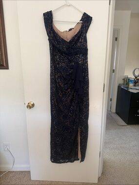 Navy Lace Overlay Prom Dress with Nude Lining and Ruffle Accent
